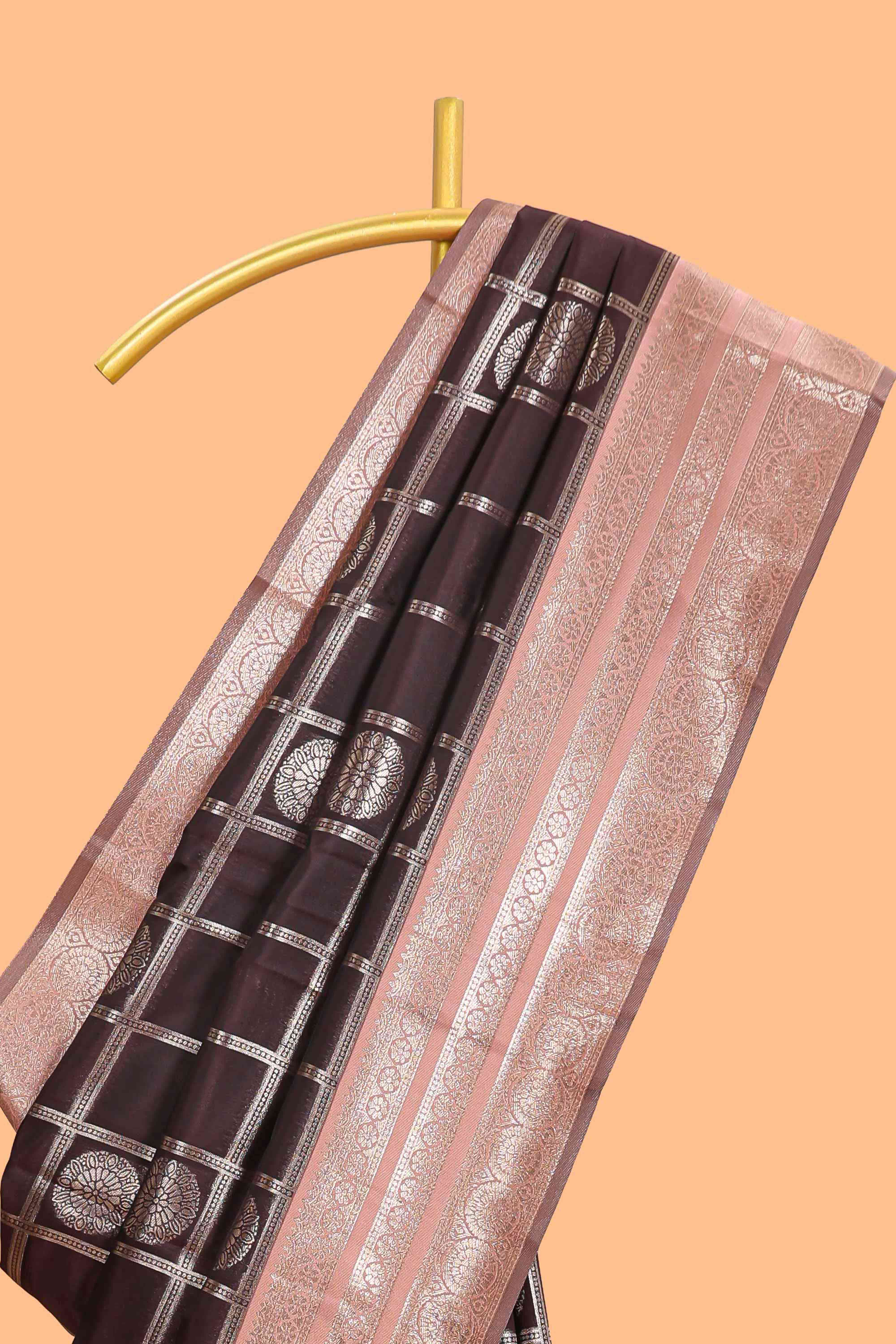Dark brown checked floral motifs design semi soft silk saree with contrast border and blouse