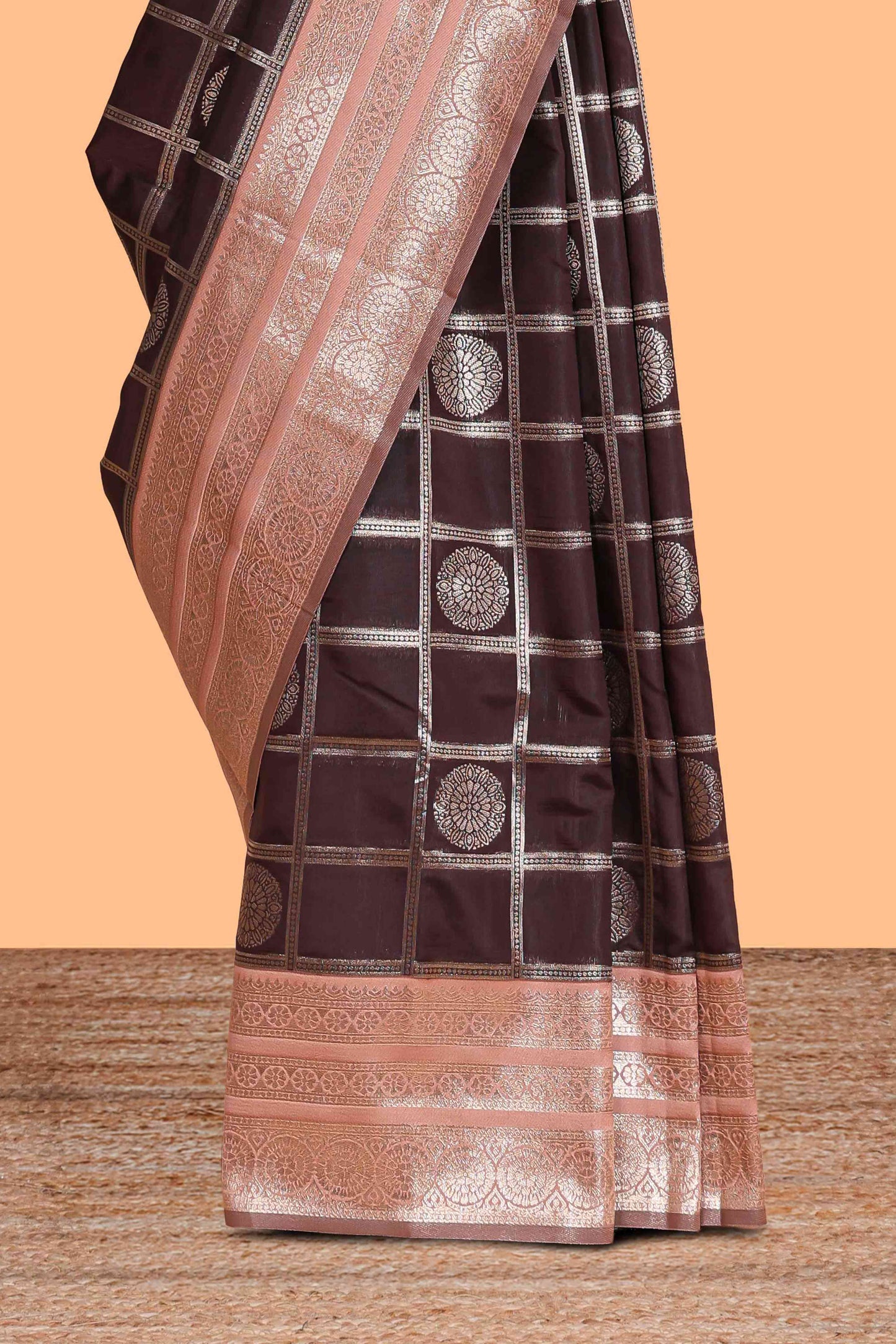 Dark brown checked floral motifs design semi soft silk saree with contrast border and blouse