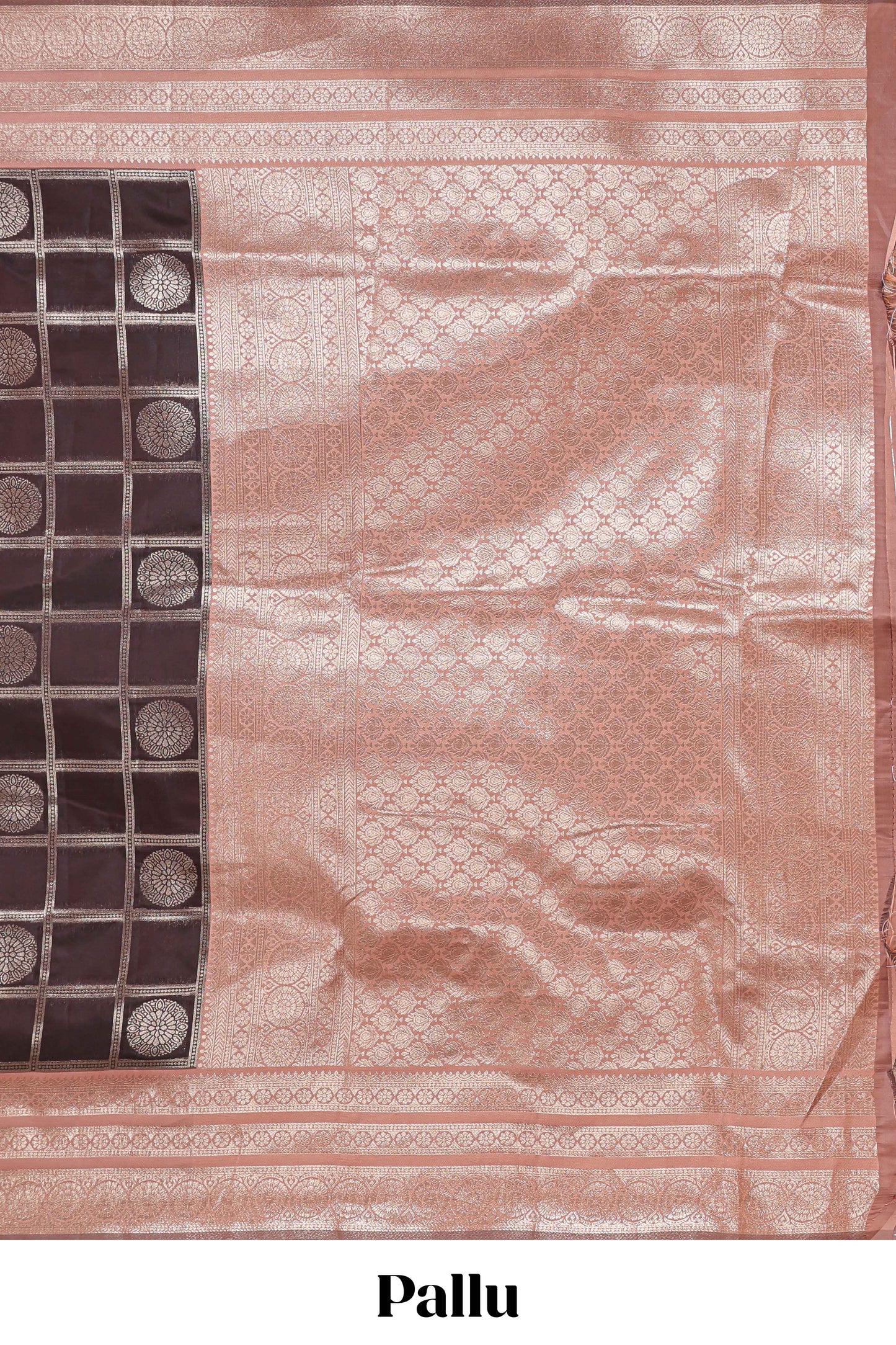 Dark brown checked floral motifs design semi soft silk saree with contrast border and blouse