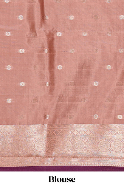 Dark brown checked floral motifs design semi soft silk saree with contrast border and blouse