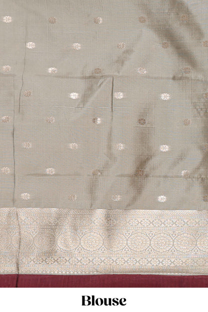 Dark brown checked floral motifs design semi soft silk saree with contrast border and blouse