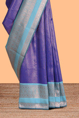 Blue checked floral motifs design semi soft silk saree with contrast border and blouse