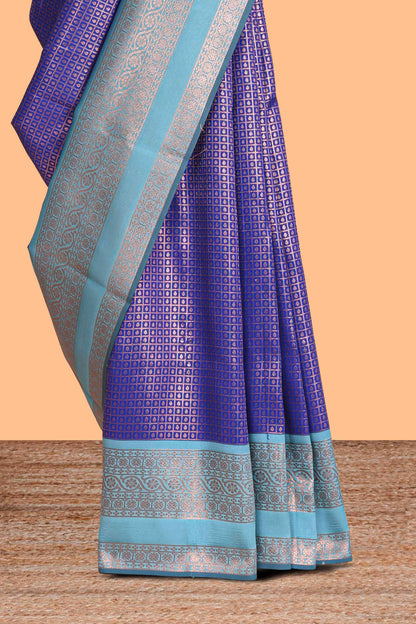 Blue checked floral motifs design semi soft silk saree with contrast border and blouse