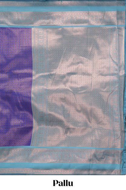 Blue checked floral motifs design semi soft silk saree with contrast border and blouse