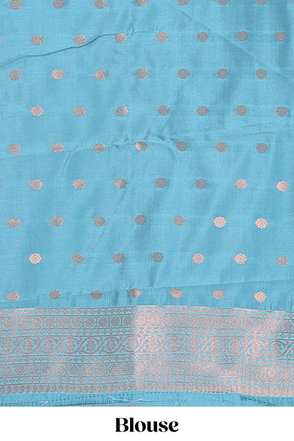 Blue checked floral motifs design semi soft silk saree with contrast border and blouse