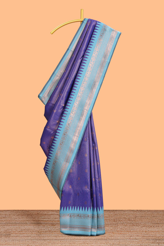 Blue checked floral motifs design semi soft silk saree with contrast border and blouse