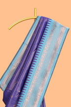 Blue checked floral motifs design semi soft silk saree with contrast border and blouse