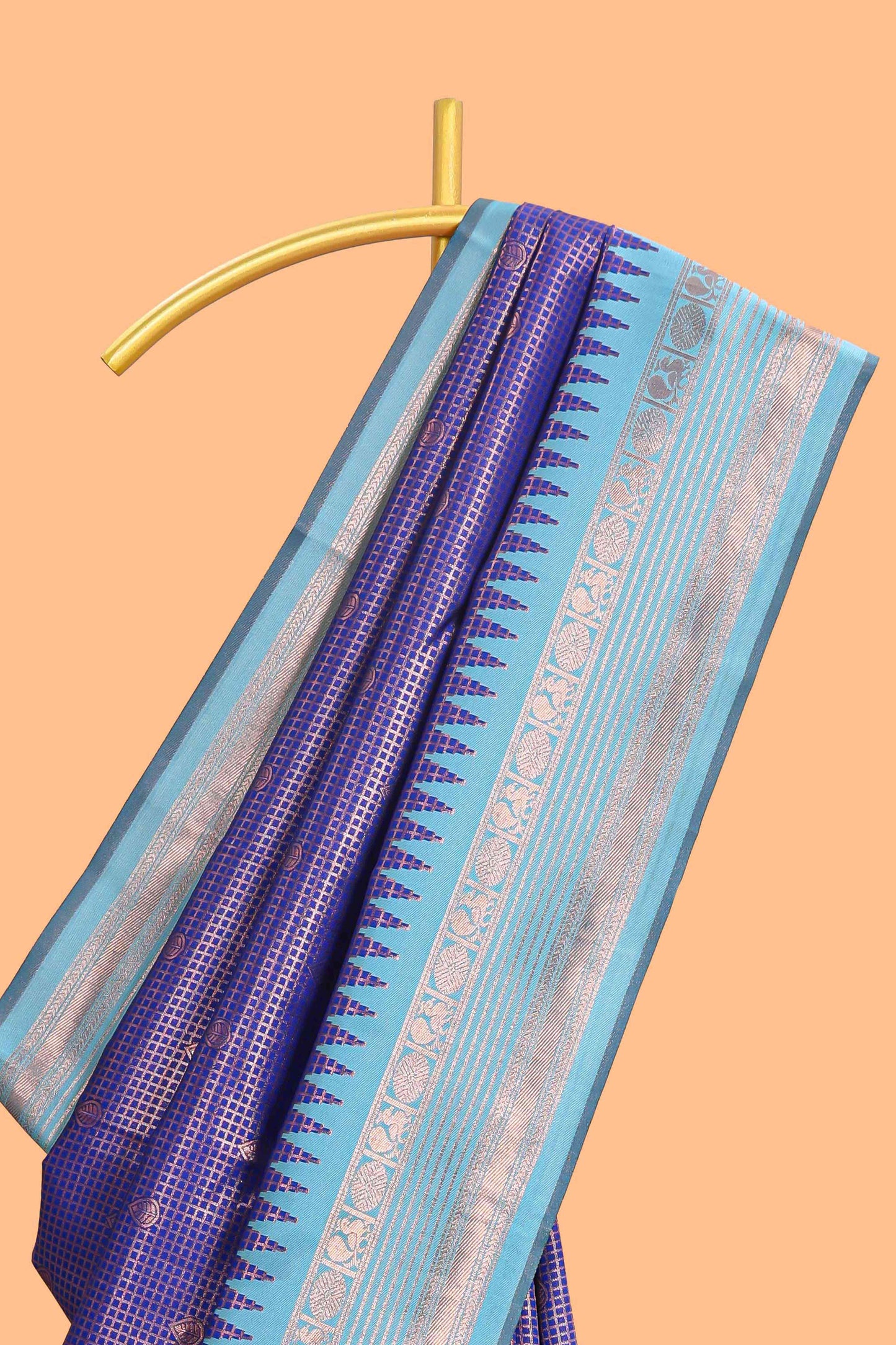 Blue checked floral motifs design semi soft silk saree with contrast border and blouse