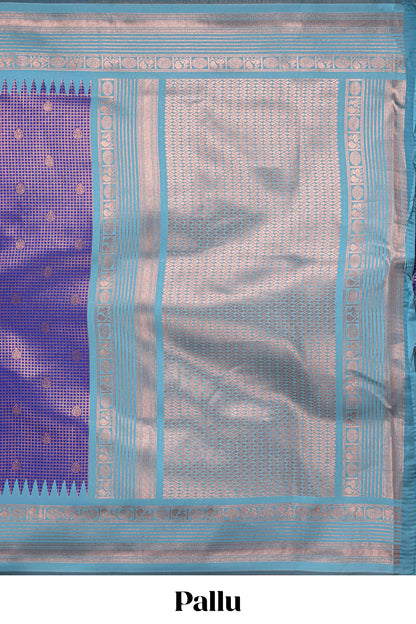 Blue checked floral motifs design semi soft silk saree with contrast border and blouse