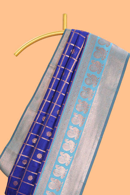 Blue checked floral motifs design semi soft silk saree with contrast border and blouse