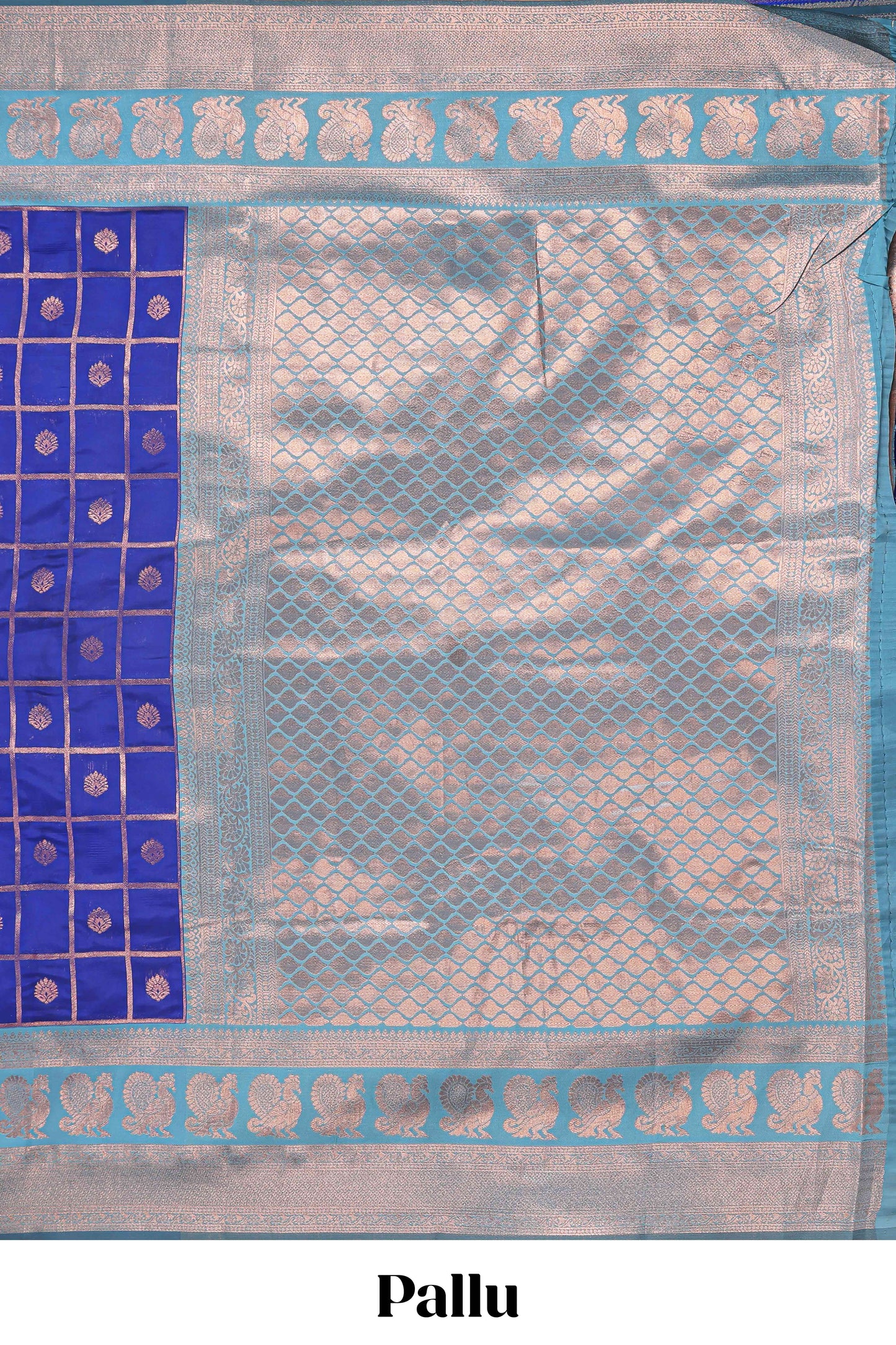 Blue checked floral motifs design semi soft silk saree with contrast border and blouse