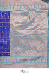 Blue checked floral motifs design semi soft silk saree with contrast border and blouse