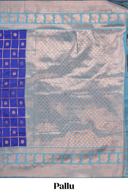 Blue checked floral motifs design semi soft silk saree with contrast border and blouse