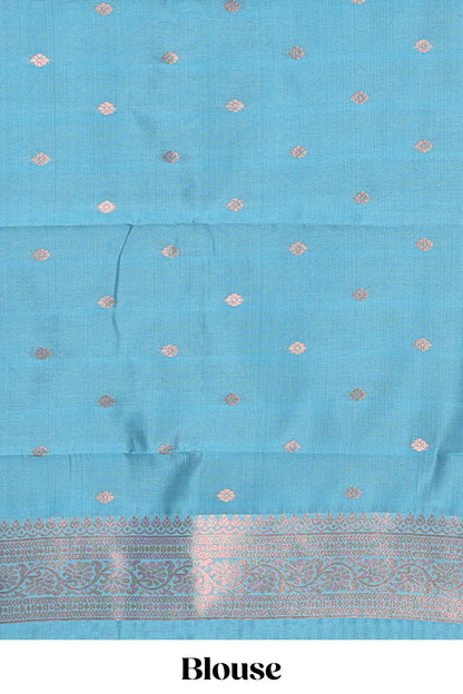 Blue checked floral motifs design semi soft silk saree with contrast border and blouse