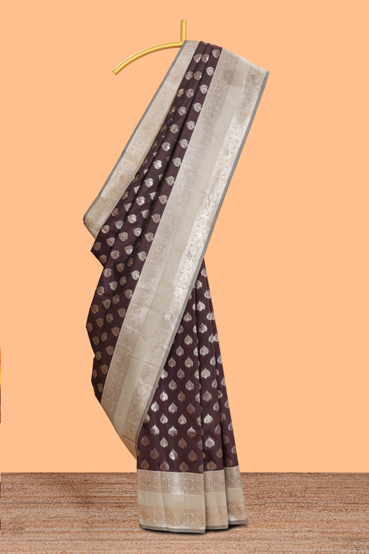 Dark brown zari butta design semi soft silk saree with contrast border and blouse