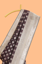Dark brown zari butta design semi soft silk saree with contrast border and blouse