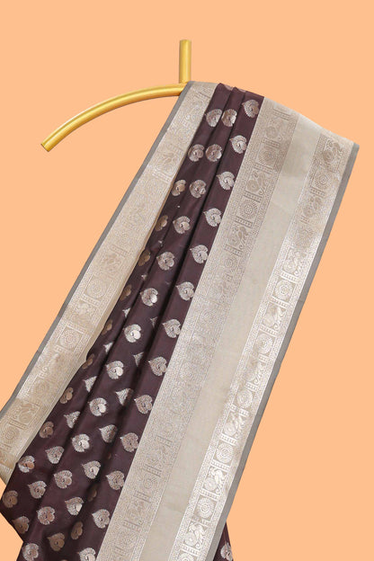 Dark brown zari butta design semi soft silk saree with contrast border and blouse