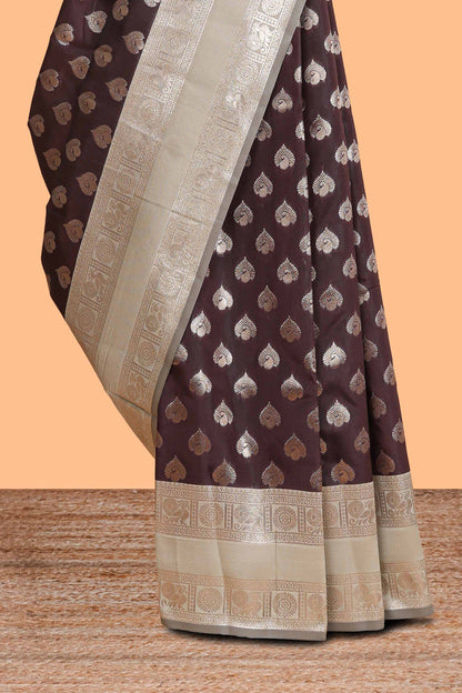 Dark brown zari butta design semi soft silk saree with contrast border and blouse