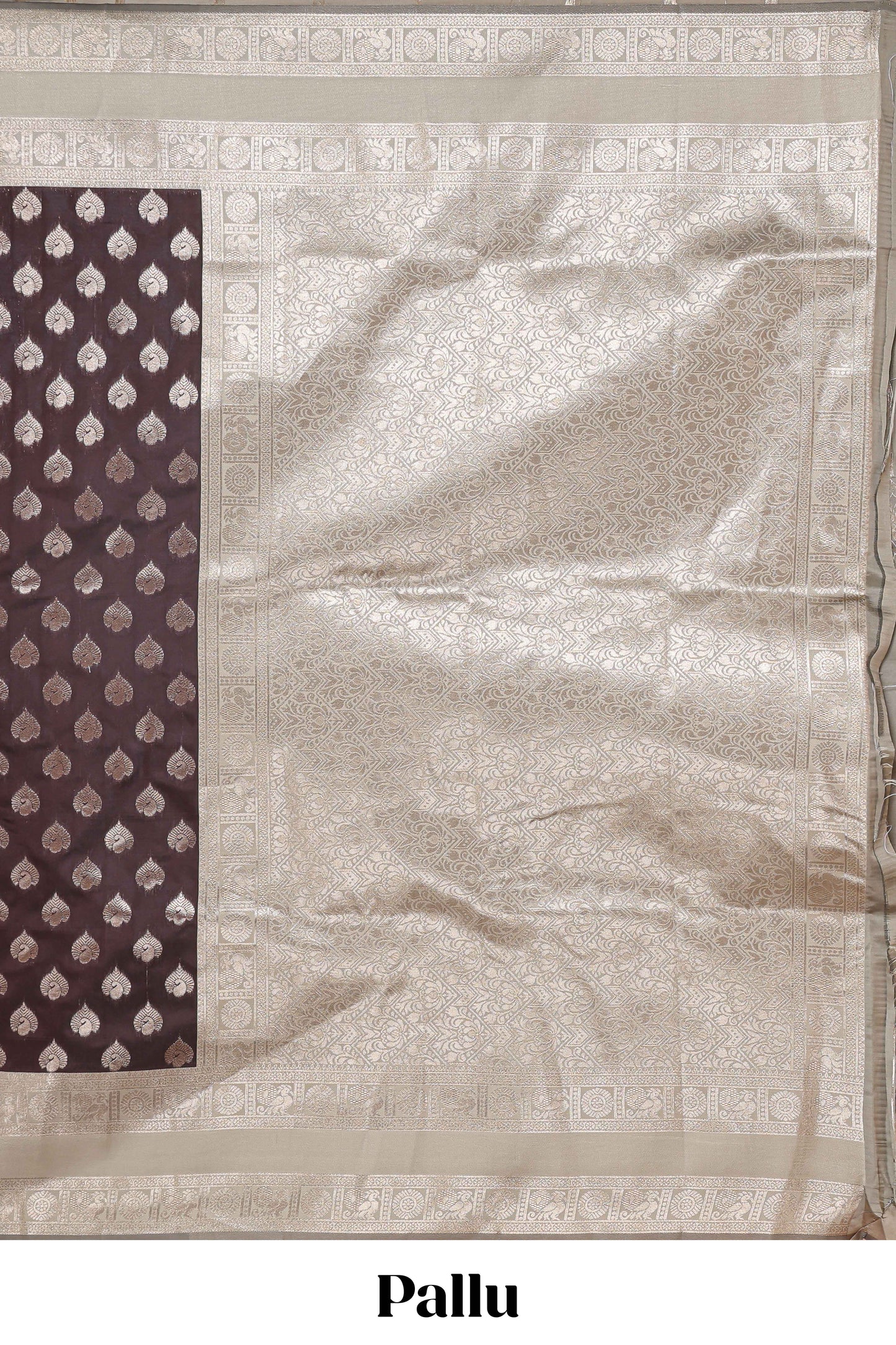 Dark brown zari butta design semi soft silk saree with contrast border and blouse