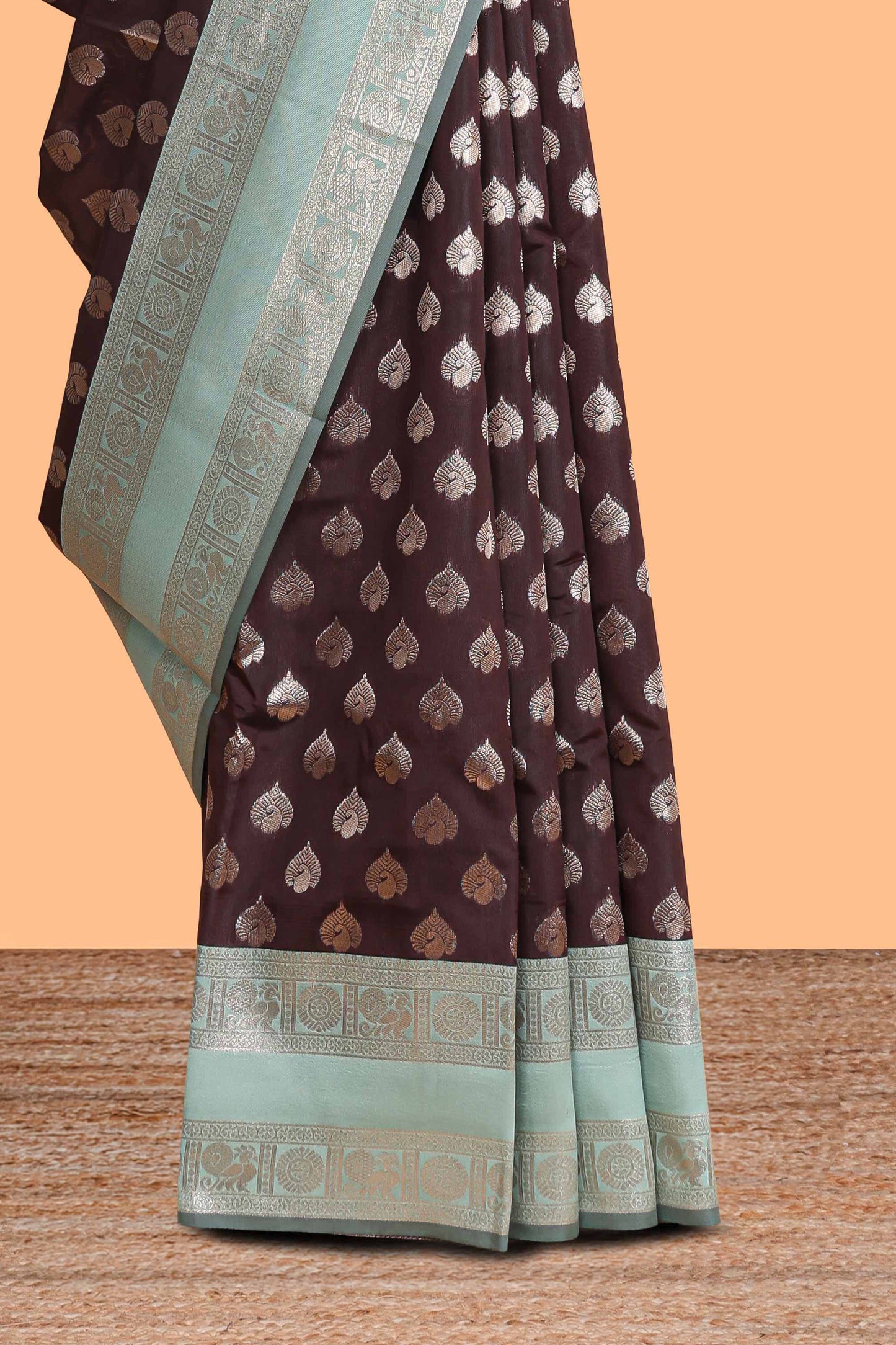 Dark brown zari butta design semi soft silk saree with contrast border and blouse