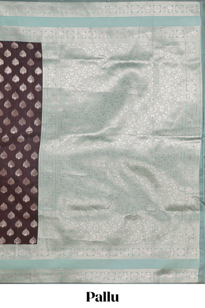 Dark brown zari butta design semi soft silk saree with contrast border and blouse