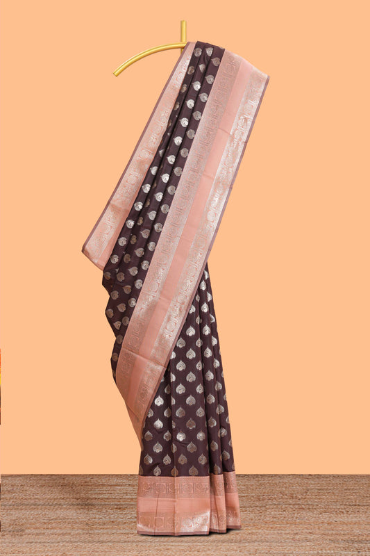 Dark brown zari butta design semi soft silk saree with contrast border and blouse