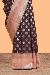 Dark brown zari butta design semi soft silk saree with contrast border and blouse