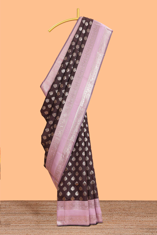 Dark brown zari butta design semi soft silk saree with contrast border and blouse