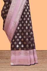 Dark brown zari butta design semi soft silk saree with contrast border and blouse