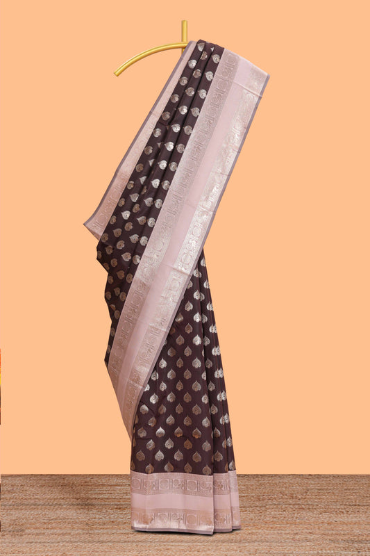 Dark brown zari butta design semi soft silk saree with contrast border and blouse
