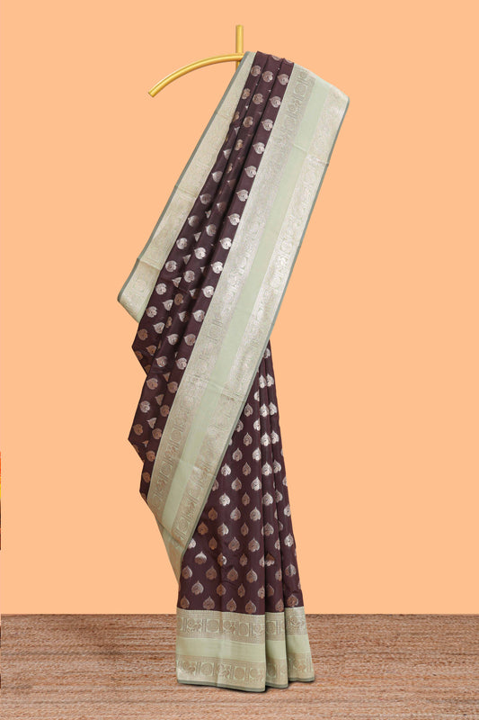 Dark brown zari butta design semi soft silk saree with contrast border and blouse