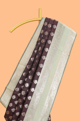 Dark brown zari butta design semi soft silk saree with contrast border and blouse