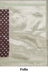 Dark brown zari butta design semi soft silk saree with contrast border and blouse