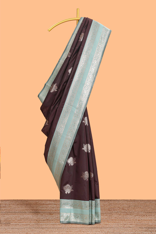 Dark brown zari butta design semi soft silk saree with contrast border and blouse