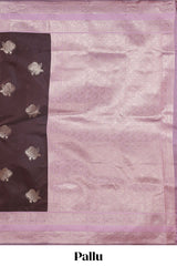 Dark brown zari butta design semi soft silk saree with contrast border and blouse