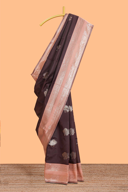 Dark brown zari butta design semi soft silk saree with contrast border and blouse