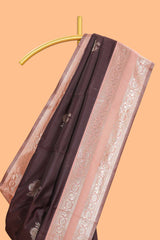 Dark brown zari butta design semi soft silk saree with contrast border and blouse