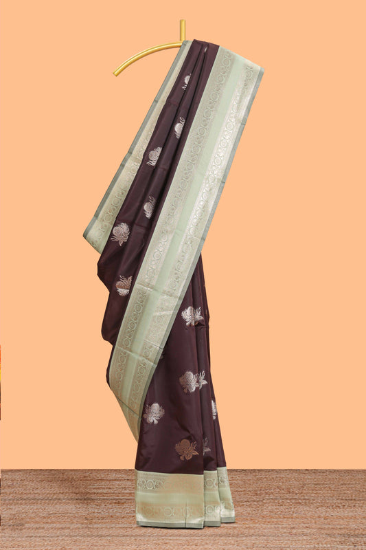 Dark brown zari butta design semi soft silk saree with contrast border and blouse
