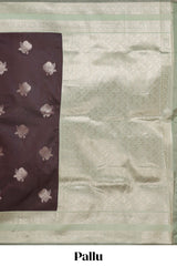 Dark brown zari butta design semi soft silk saree with contrast border and blouse