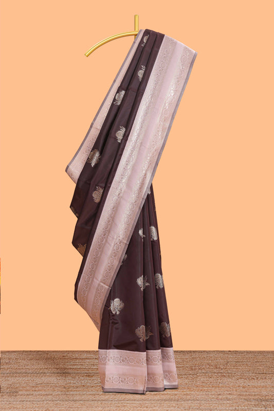 Dark brown zari butta design semi soft silk saree with contrast border and blouse