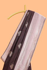 Dark brown zari butta design semi soft silk saree with contrast border and blouse