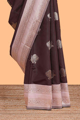 Dark brown zari butta design semi soft silk saree with contrast border and blouse