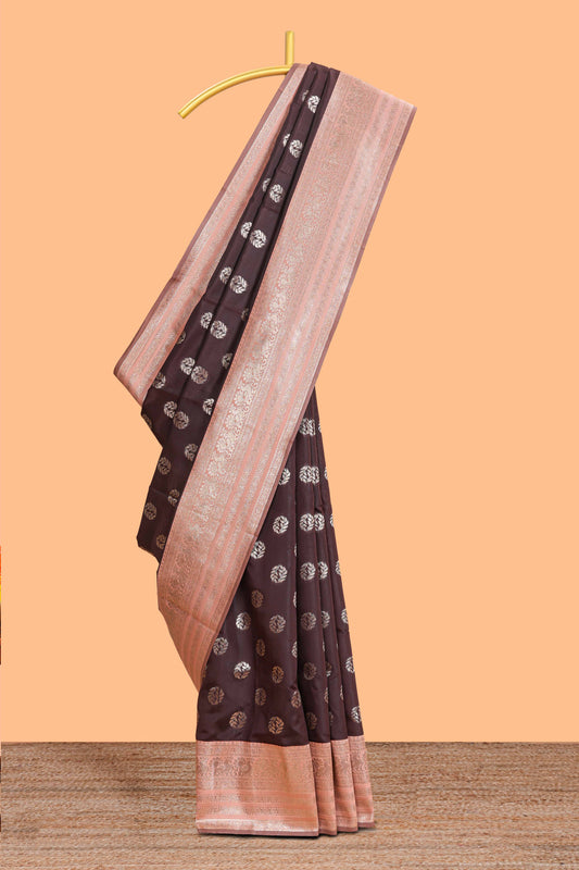 Dark brown zari butta design semi soft silk saree with contrast border and blouse