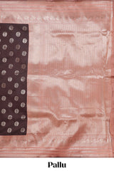 Dark brown zari butta design semi soft silk saree with contrast border and blouse