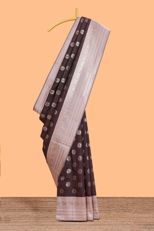 Dark brown zari butta design semi soft silk saree with contrast border and blouse