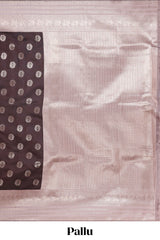 Dark brown zari butta design semi soft silk saree with contrast border and blouse