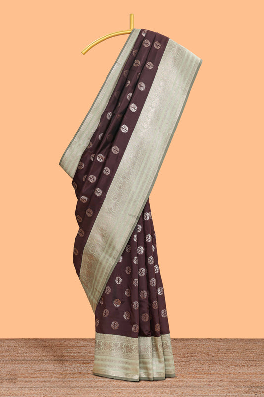 Dark brown zari butta design semi soft silk saree with contrast border and blouse