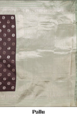 Dark brown zari butta design semi soft silk saree with contrast border and blouse