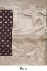 Dark brown zari butta design semi soft silk saree with contrast border and blouse