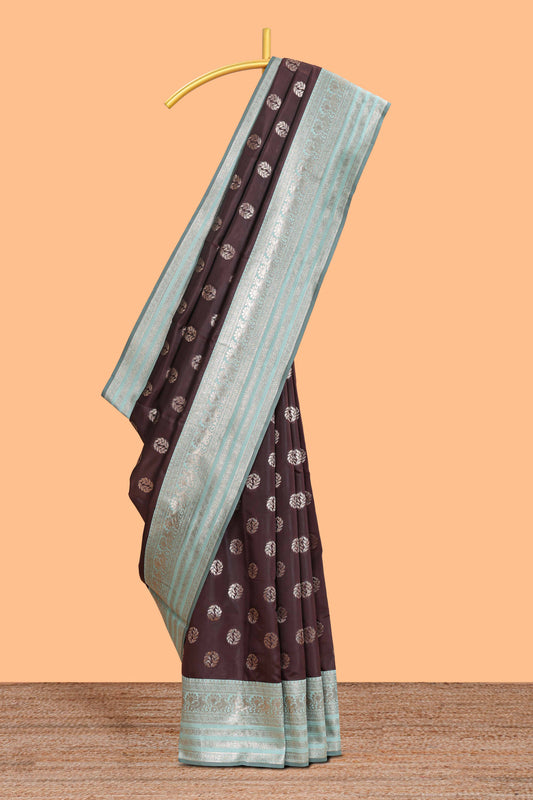 Dark brown zari butta design semi soft silk saree with contrast border and blouse